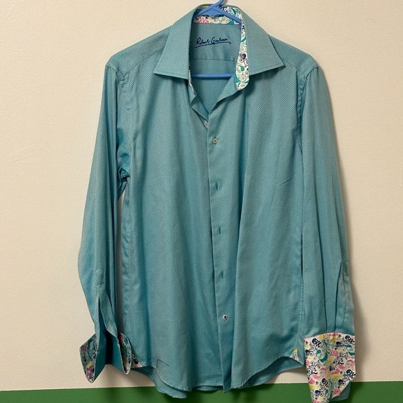 Robert Graham, Size 15.5" M, 100% Cotton, Teal with white checker pattern - Picture 1 of 7